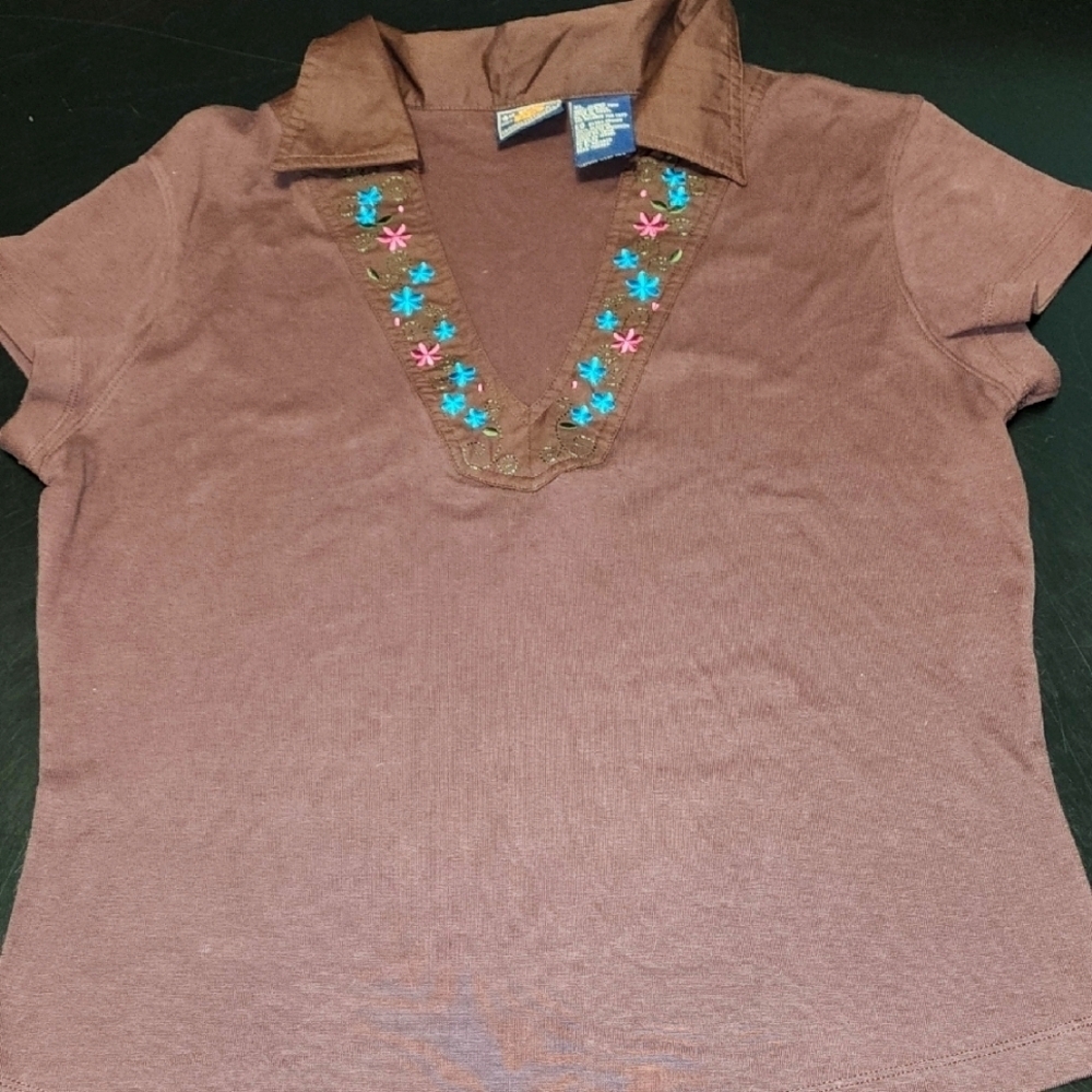 Route 66 Brown Embroidered V-Neck Top Sz Xl